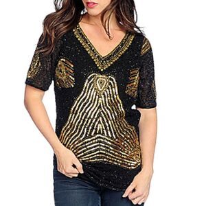 NWT Fair Child Beaded Sequined Black Gold Short Sleeve Top Women's size Large